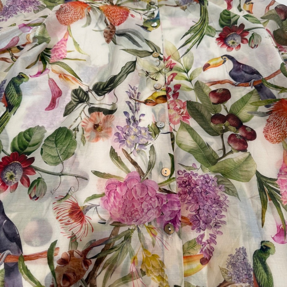 Fairycore Whimsy Tropical Botanical Bird Print Lightweight button down L Beachy - Picture 11 of 11